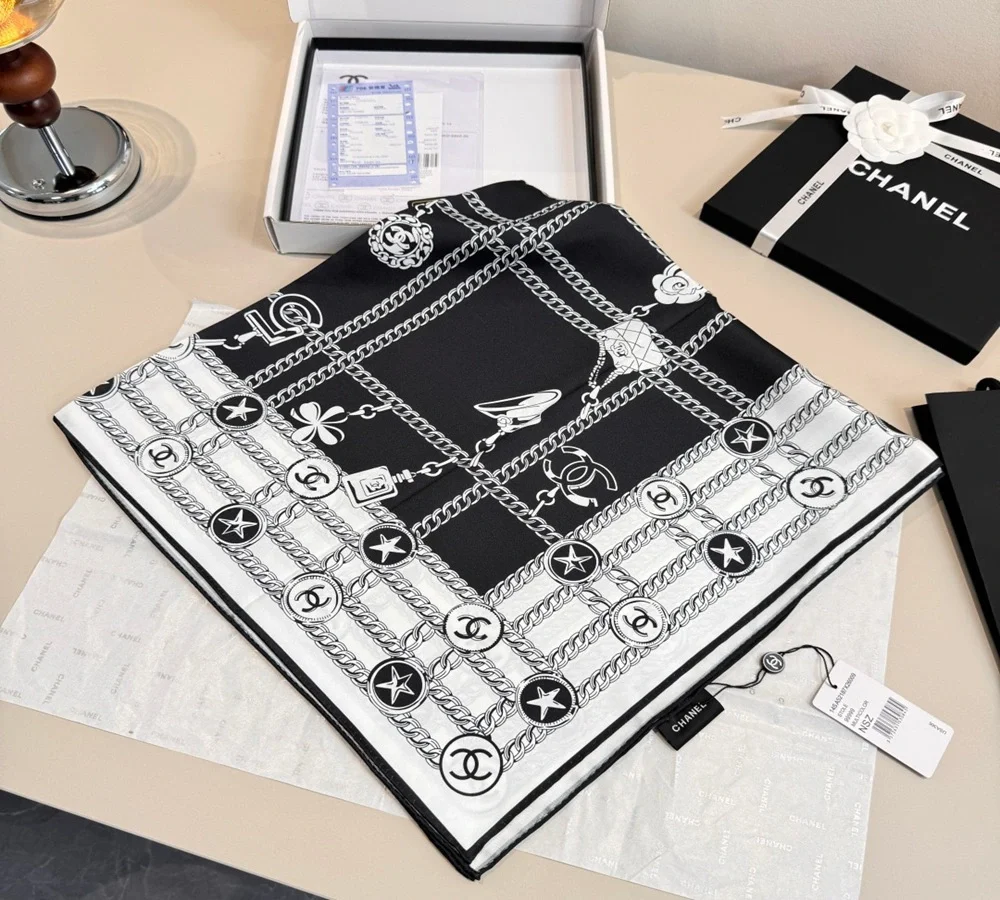 Chanel Chain & CC Logo Silk Scarf (Black & White)